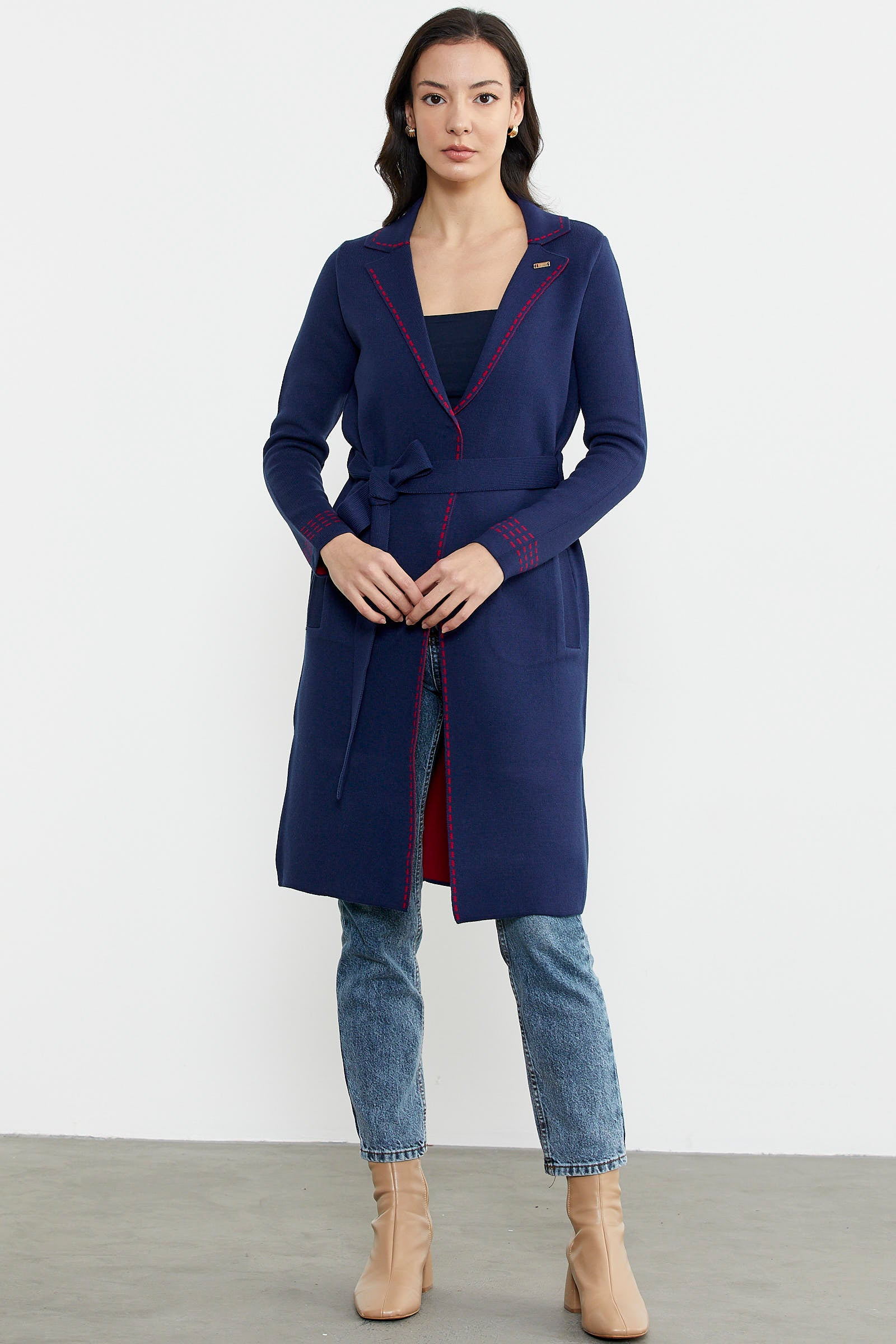 Kuşaklı Uzun Triko Hırka - Lacivert - Kırmızı (2) Sementa