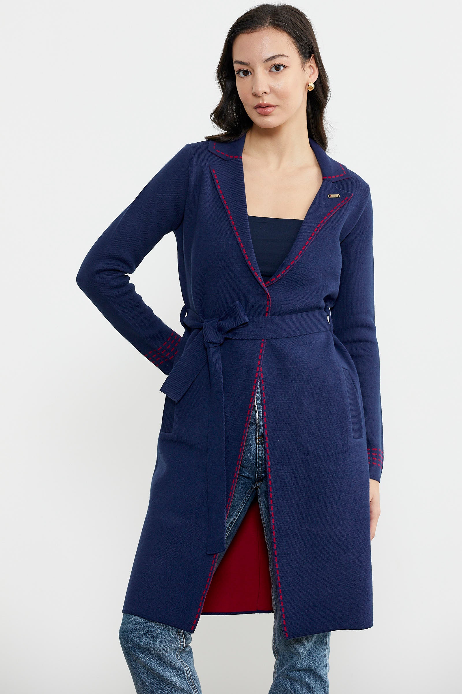 Kuşaklı Uzun Triko Hırka - Lacivert - Kırmızı (3) Sementa