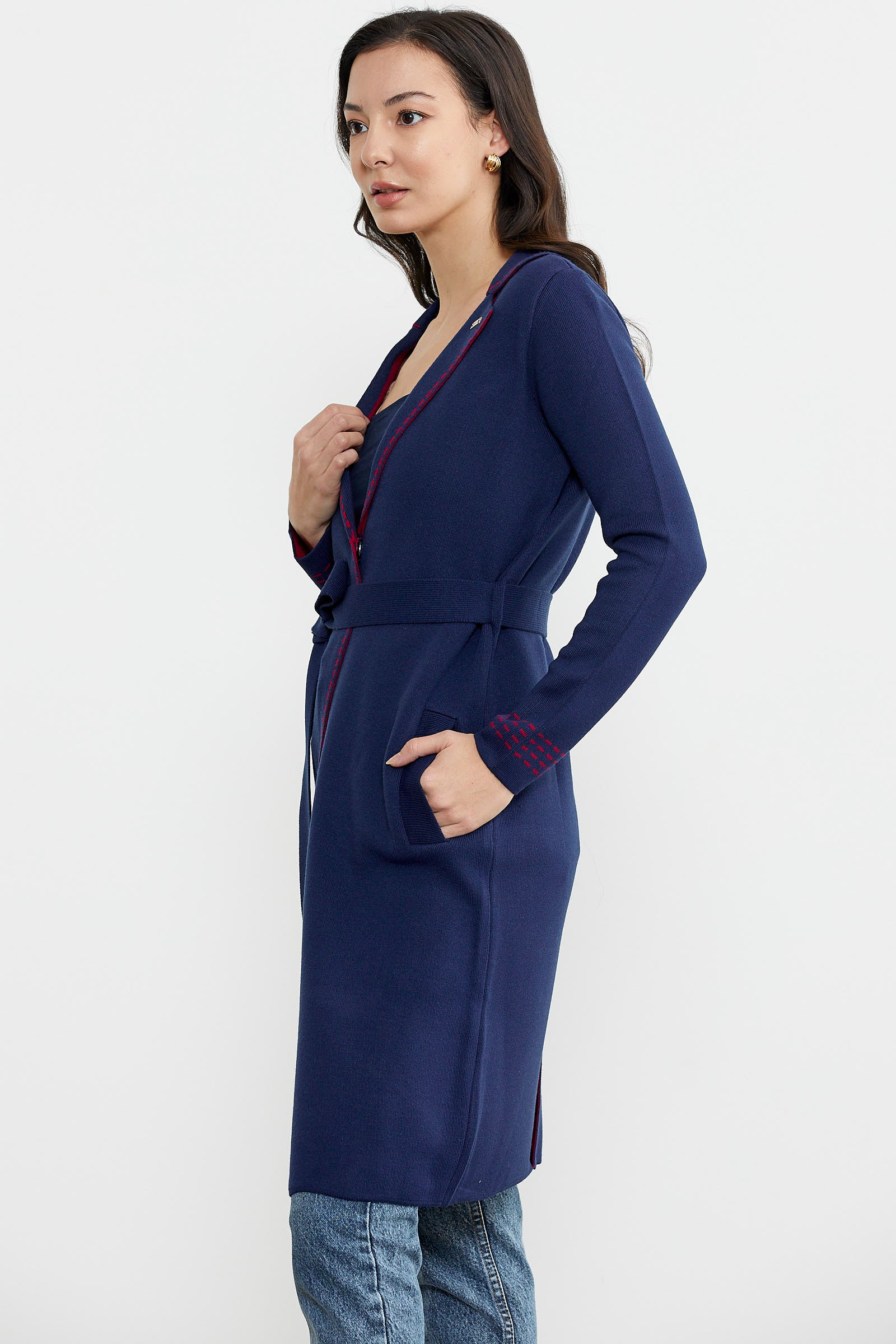 Kuşaklı Uzun Triko Hırka - Lacivert - Kırmızı (5) Sementa