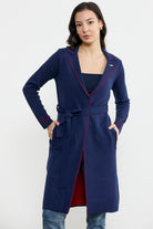 Kuşaklı Uzun Triko Hırka - Lacivert - Kırmızı (6) Sementa