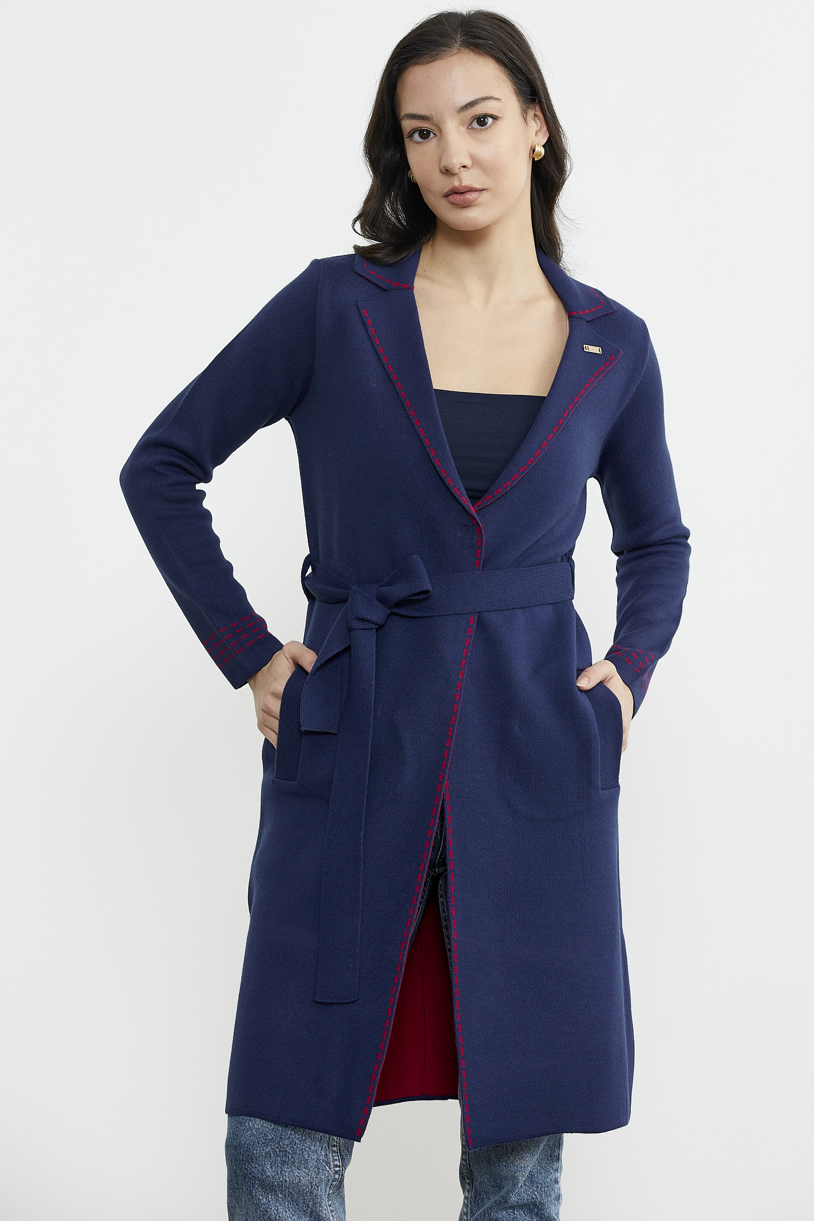 Kuşaklı Uzun Triko Hırka - Lacivert - Kırmızı (6) Sementa