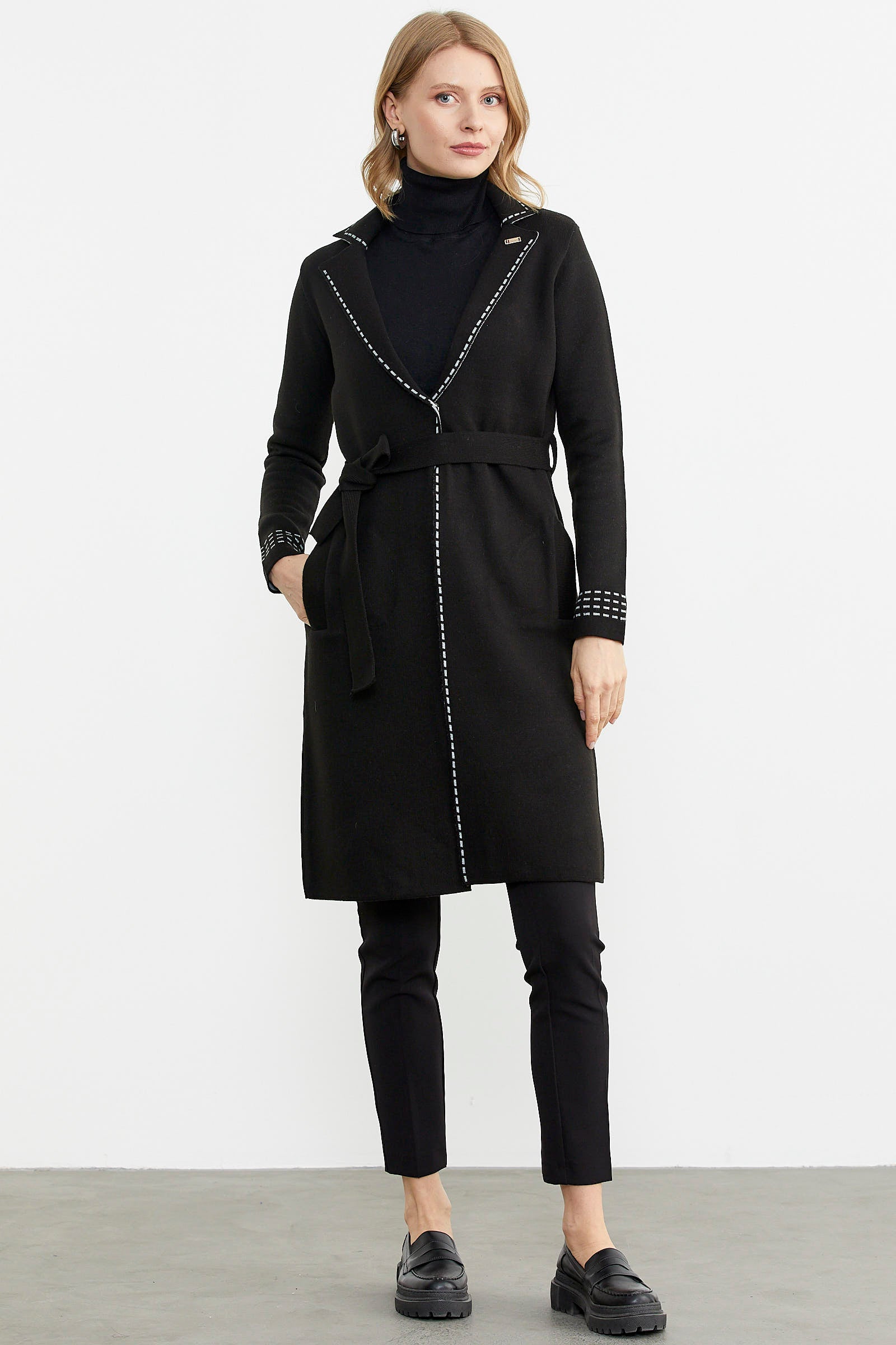 Kuşaklı Uzun Triko Hırka - Siyah - Gri (1) Sementa