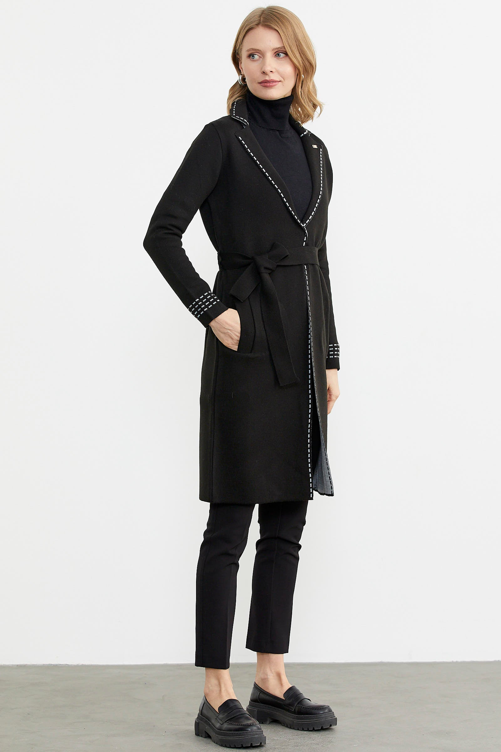 Kuşaklı Uzun Triko Hırka - Siyah - Gri (2) Sementa