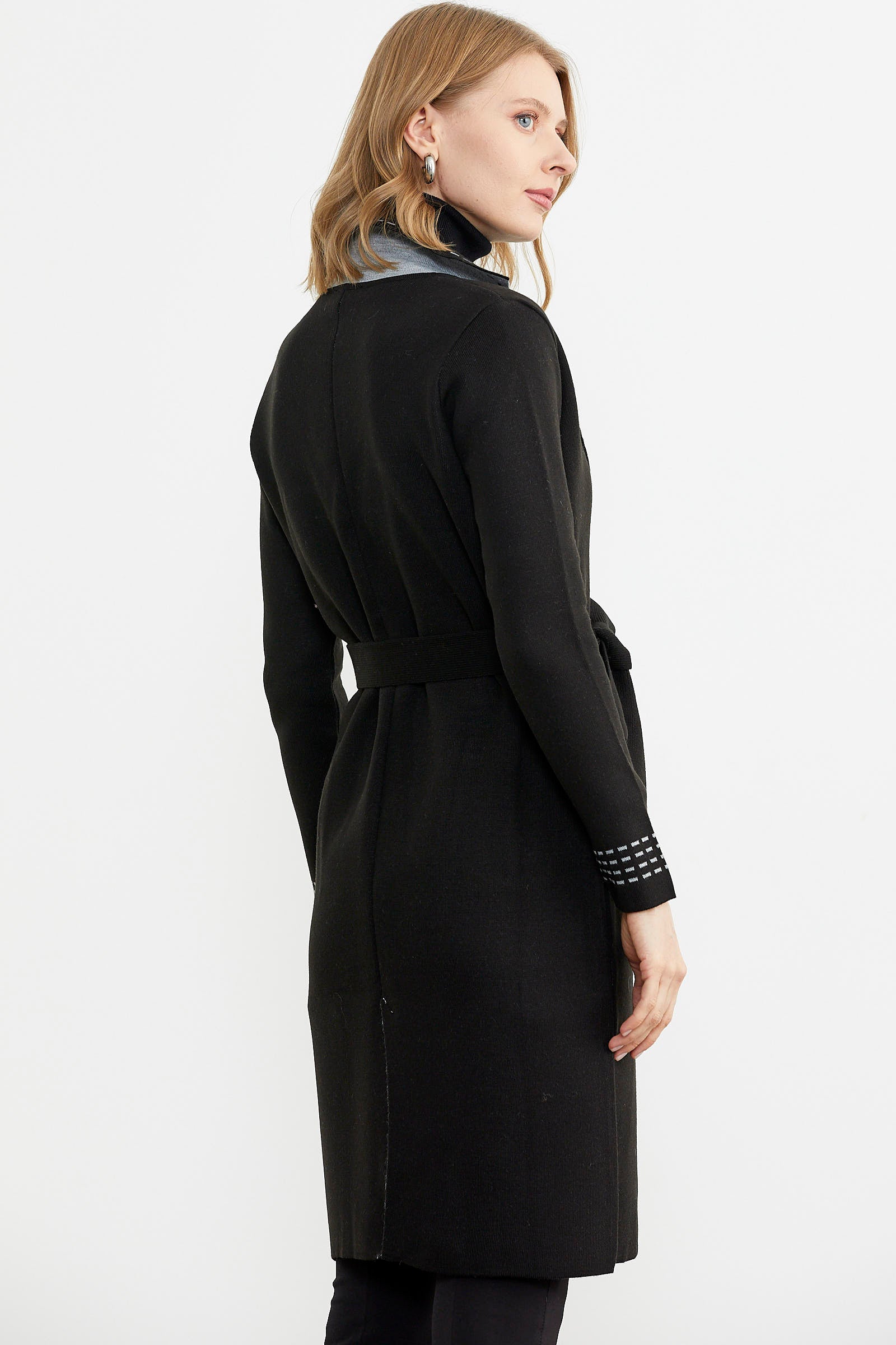 Kuşaklı Uzun Triko Hırka - Siyah - Gri (5) Sementa