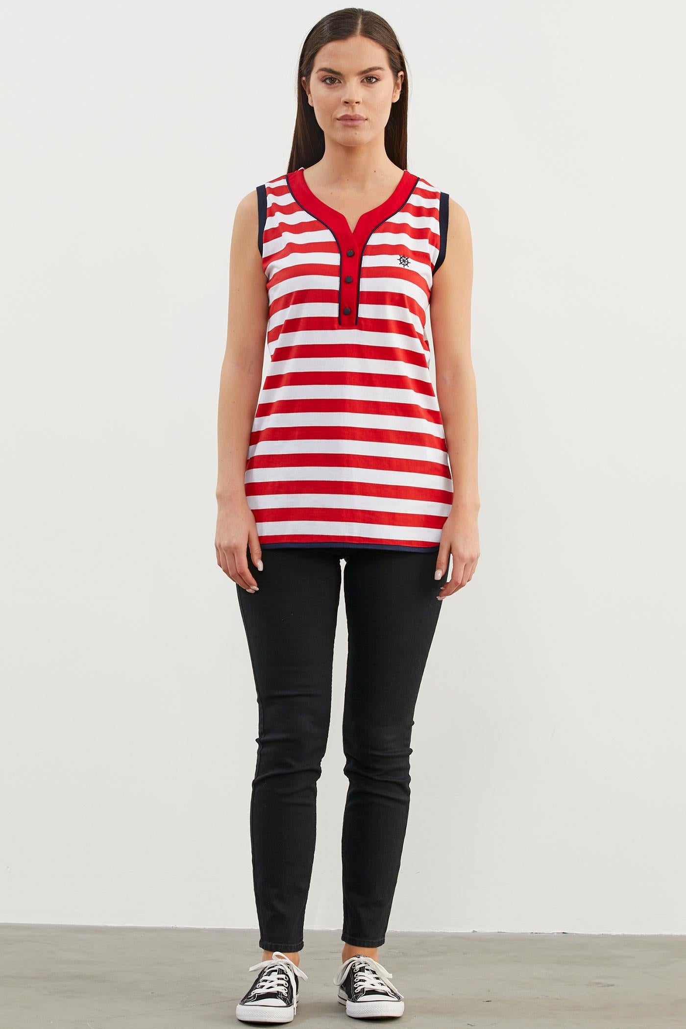 Marine Çizgili V Yaka Kolsuz Tişört - Kırmızı (1) Sementa