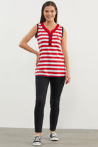 Marine Çizgili V Yaka Kolsuz Tişört - Kırmızı (2) Sementa