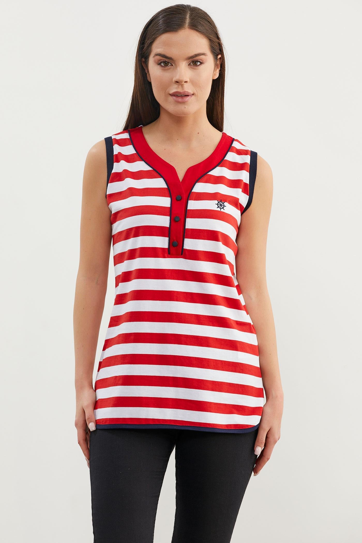 Marine Çizgili V Yaka Kolsuz Tişört - Kırmızı (3) Sementa