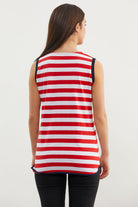 Marine Çizgili V Yaka Kolsuz Tişört - Kırmızı (5) Sementa