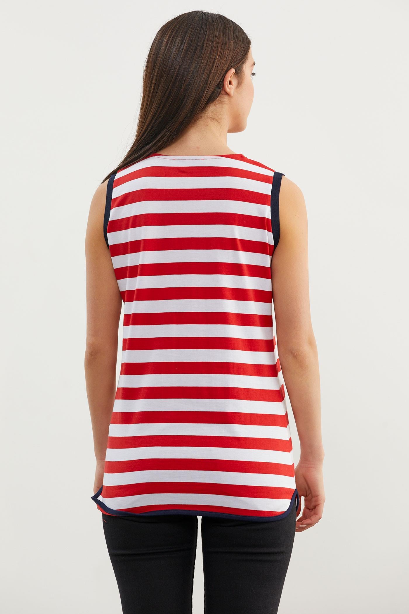 Marine Çizgili V Yaka Kolsuz Tişört - Kırmızı (5) Sementa