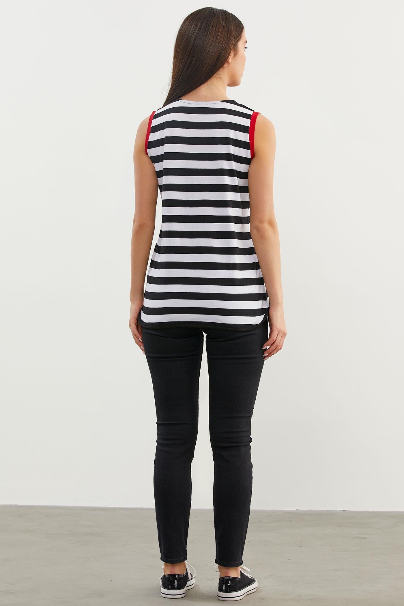 Marine Çizgili V Yaka Kolsuz Tişört - Siyah (4) Sementa