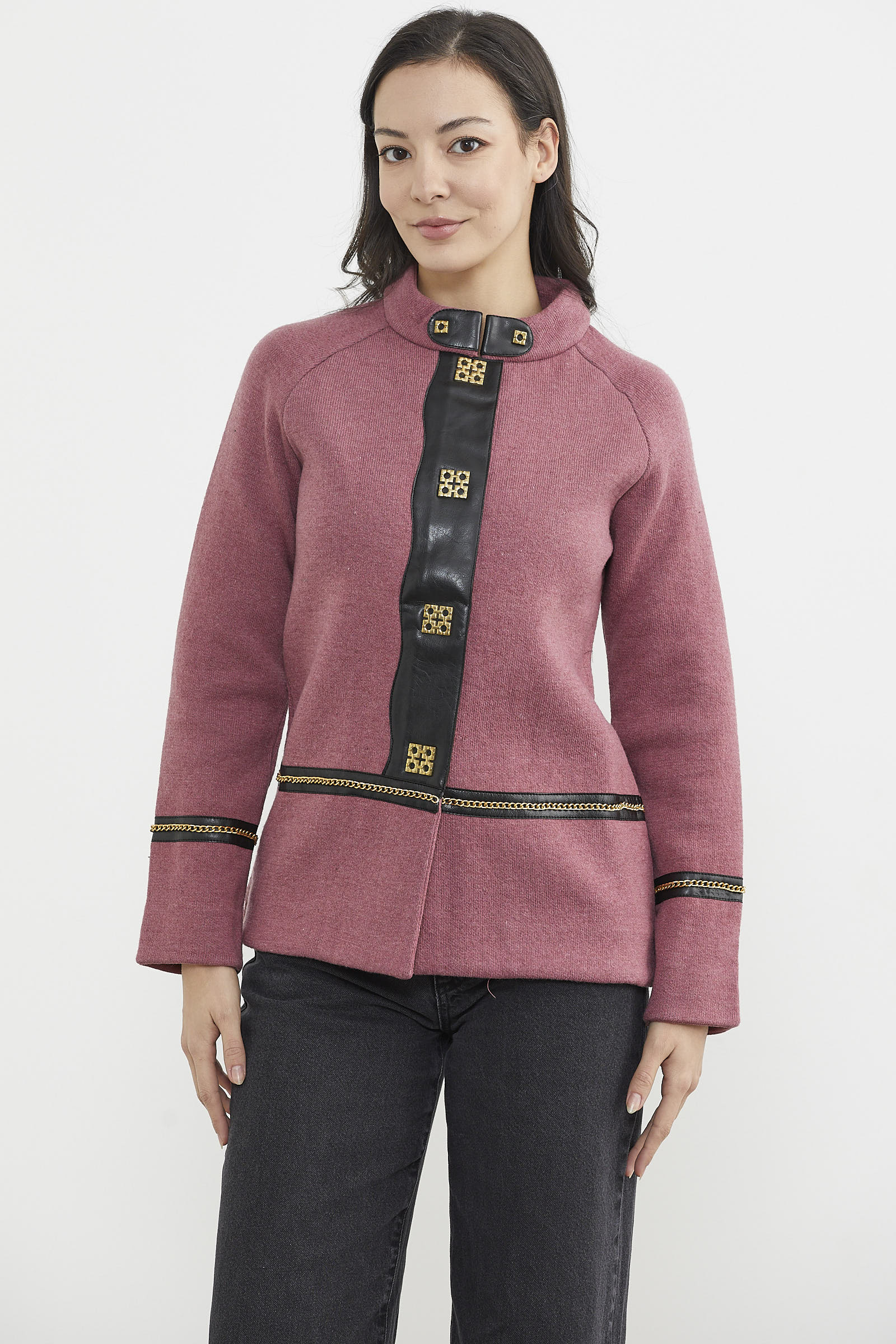 Metal Aksesuarlı Triko Ceket - Gül - Siyah (2) Sementa