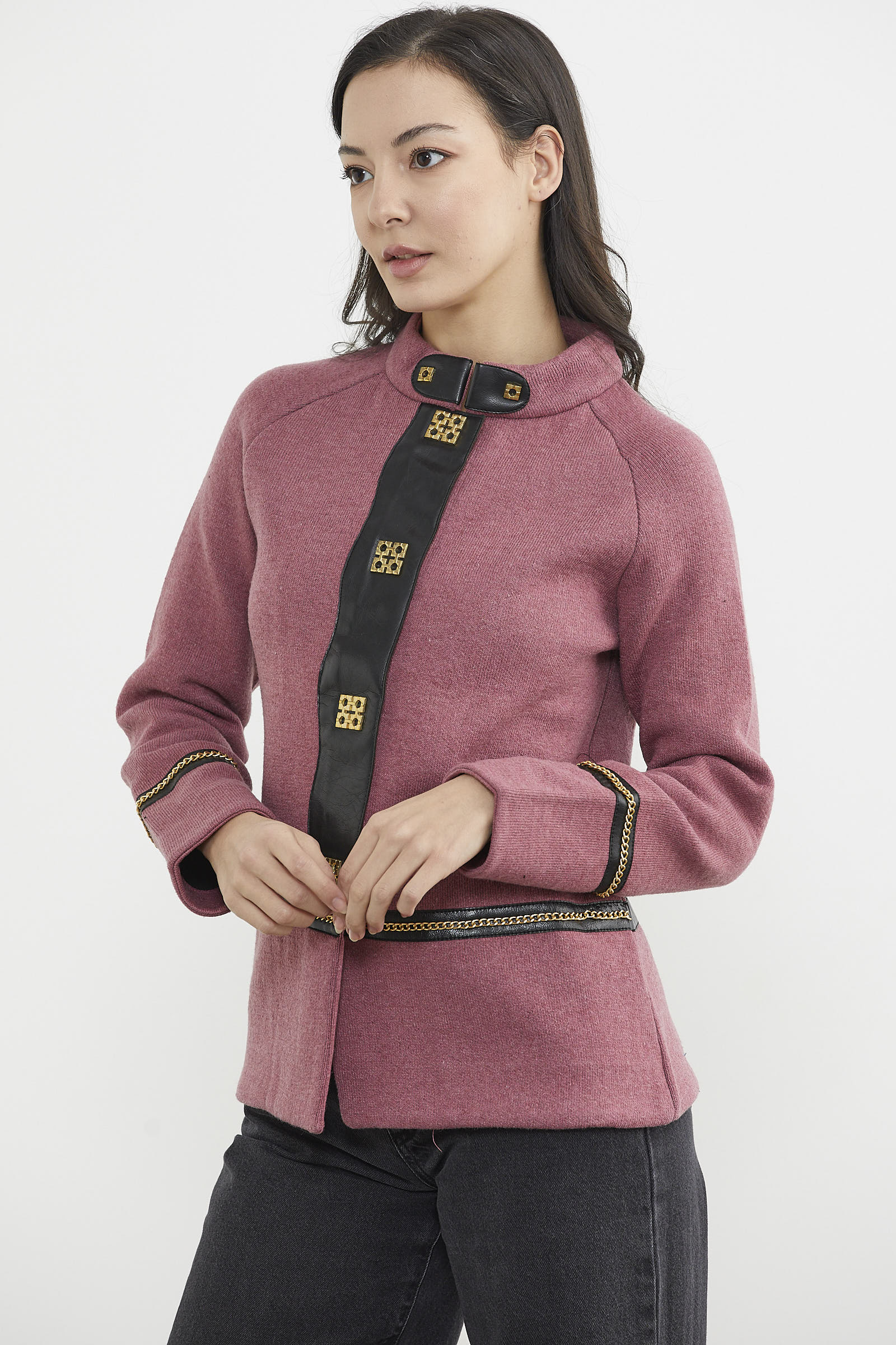 Metal Aksesuarlı Triko Ceket - Gül - Siyah (4) Sementa