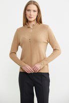 Metal Düğme Detaylı Triko Kazak - Kamel - Sementa