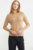 Metal Düğme Detaylı Triko Kazak - Kamel - Sementa