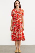 Midi Boy Çiçekli Gömlek Elbise - Kırmızı (5) Sementa