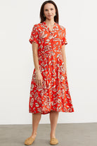 Midi Boy Çiçekli Gömlek Elbise - Kırmızı (2) Sementa