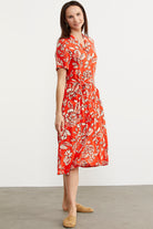 Midi Boy Çiçekli Gömlek Elbise - Kırmızı (3) Sementa