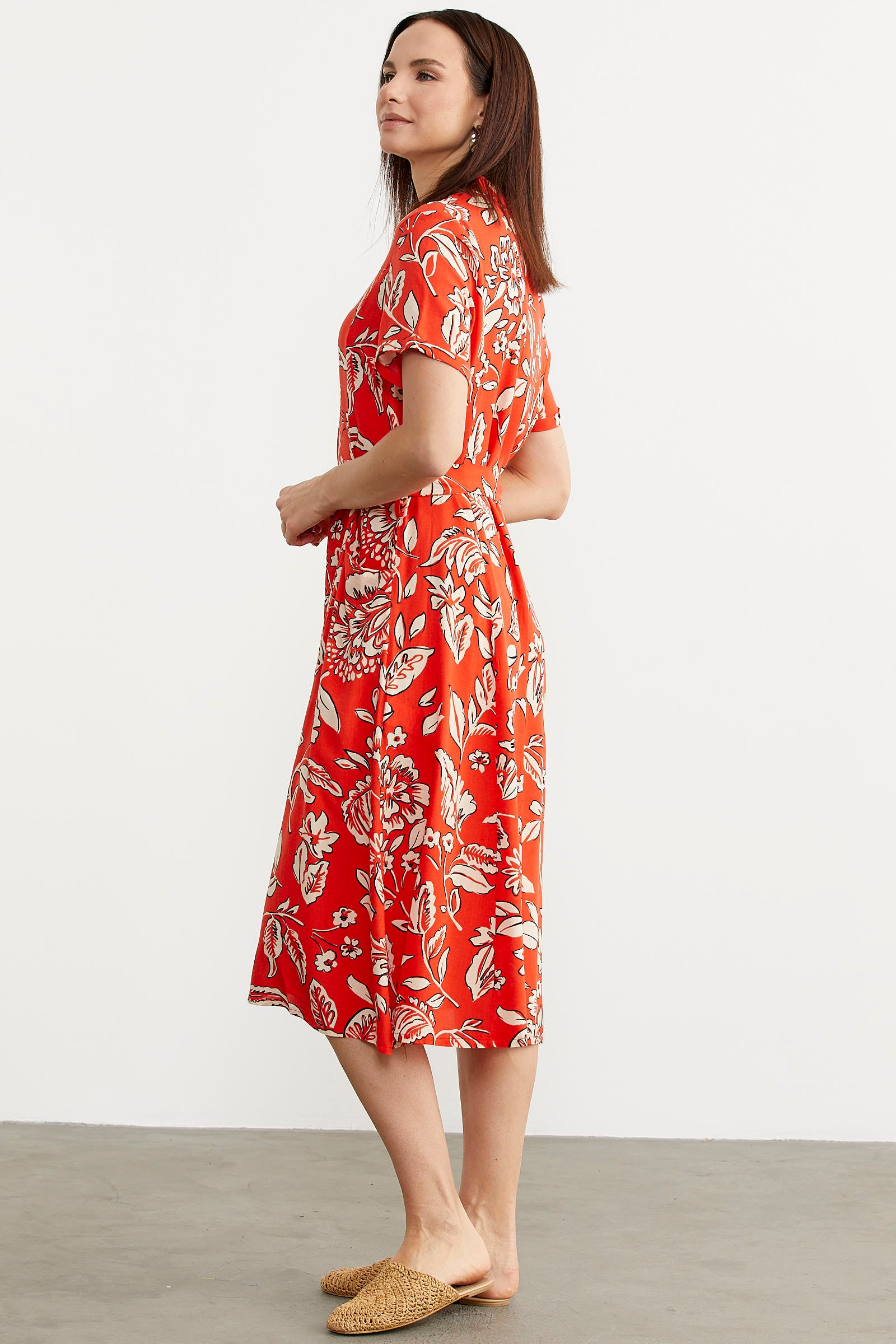 Midi Boy Çiçekli Gömlek Elbise - Kırmızı (6) Sementa