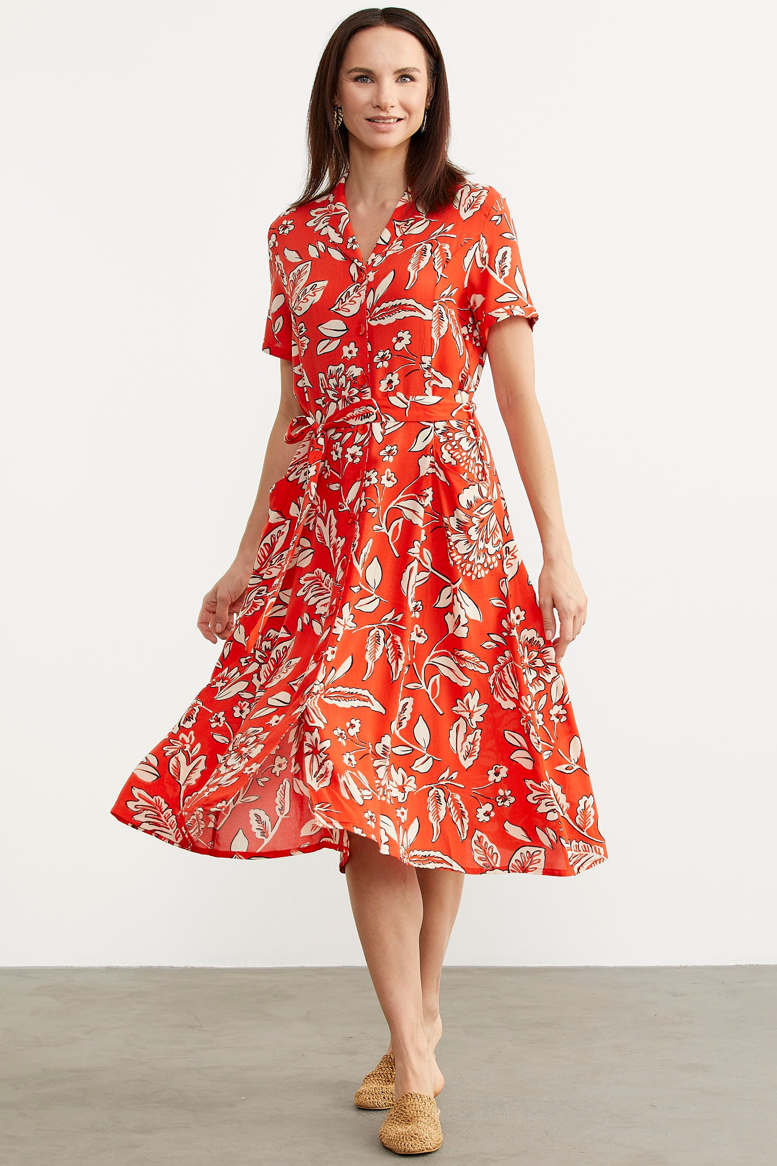 Midi Boy Çiçekli Gömlek Elbise - Kırmızı (1) Sementa