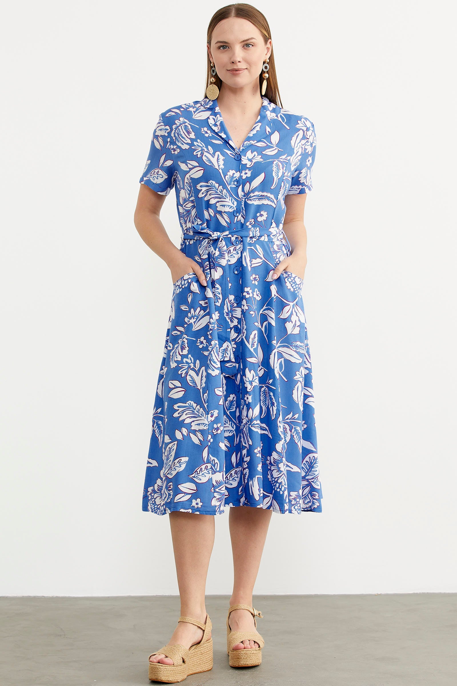 Midi Boy Çiçekli Gömlek Elbise - Mavi (2) Sementa