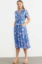 Midi Boy Çiçekli Gömlek Elbise - Mavi (3) Sementa