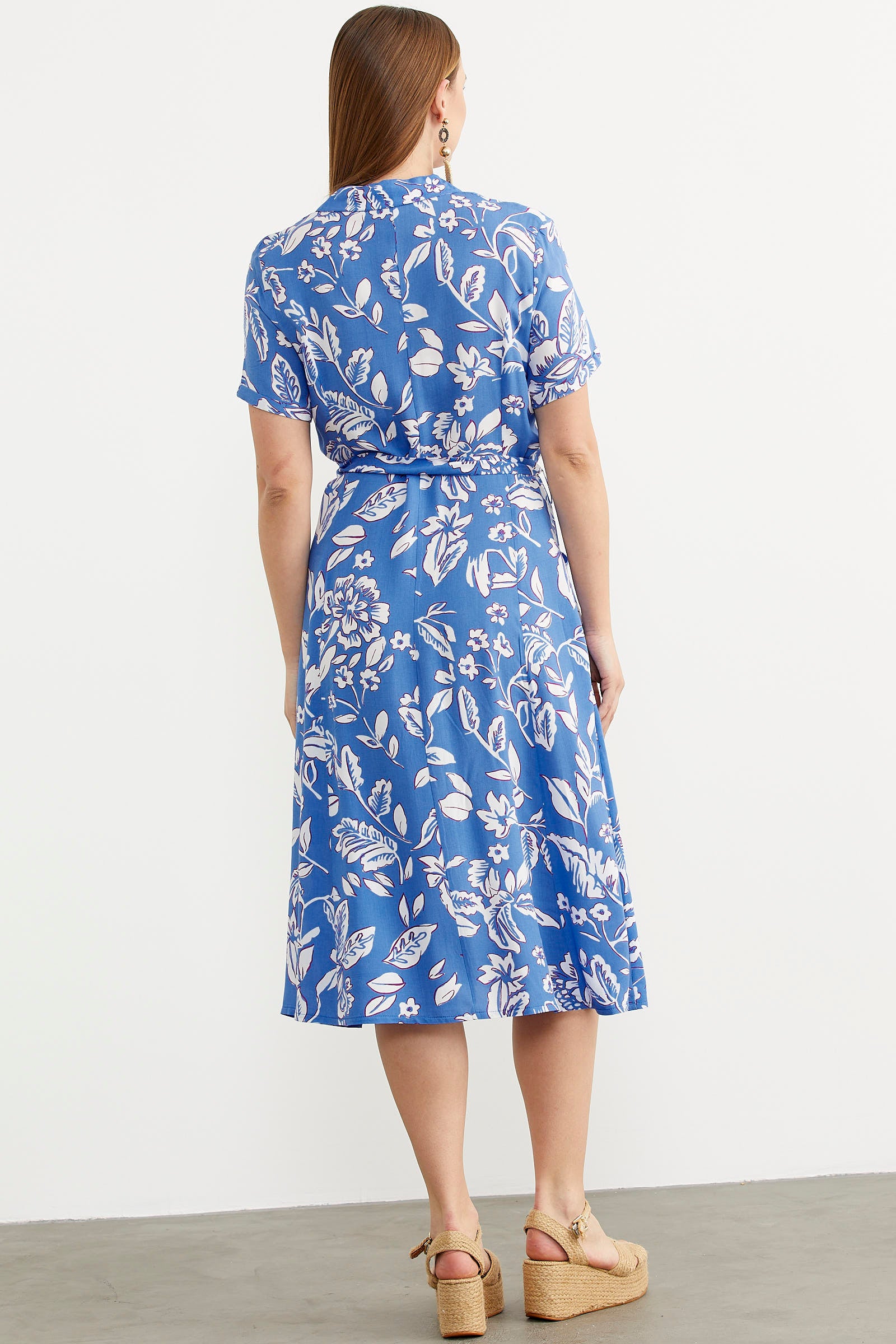 Midi Boy Çiçekli Gömlek Elbise - Mavi (6) Sementa