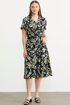 Midi Boy Çiçekli Gömlek Elbise - Siyah (1) Sementa