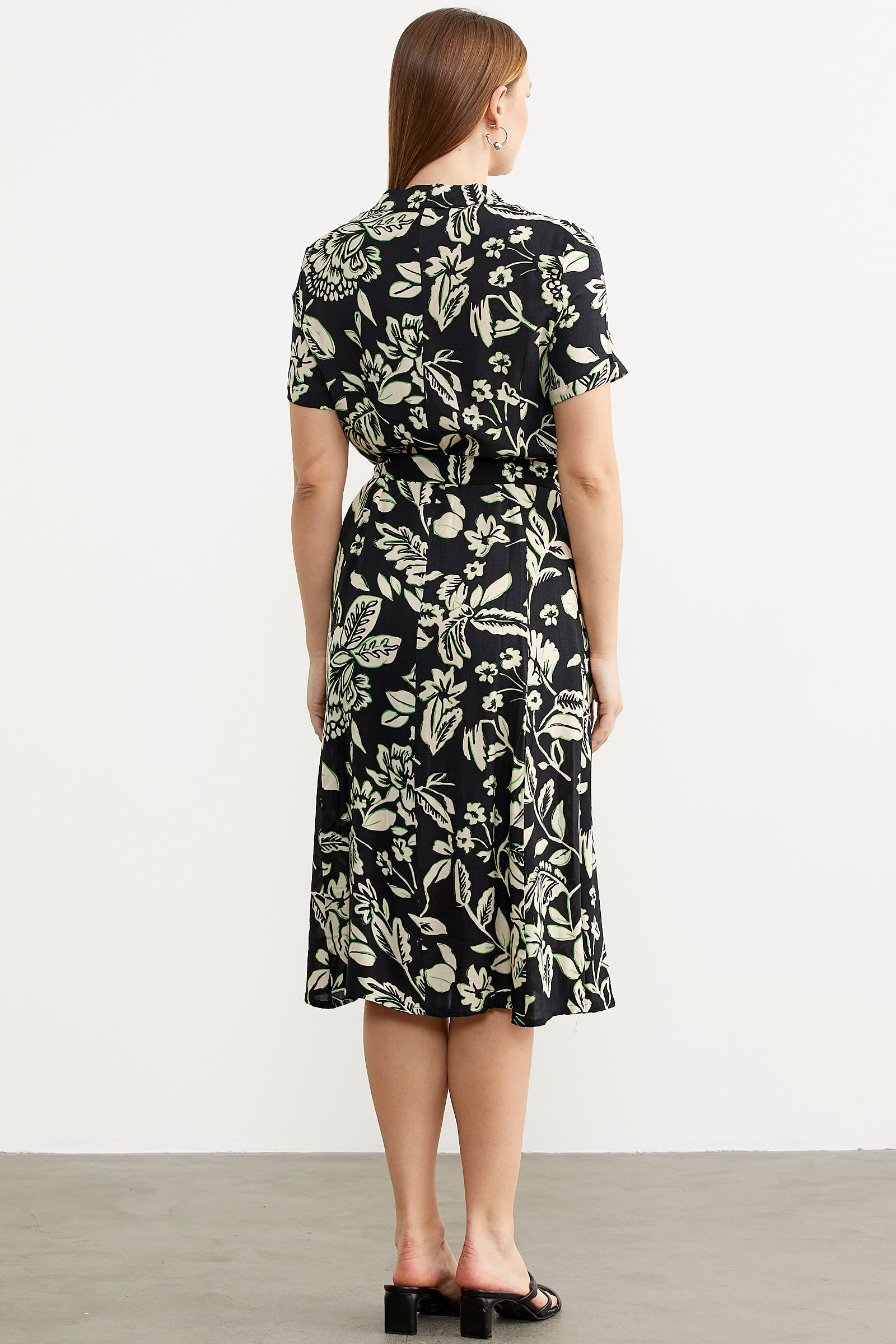 Midi Boy Çiçekli Gömlek Elbise - Siyah (5) Sementa