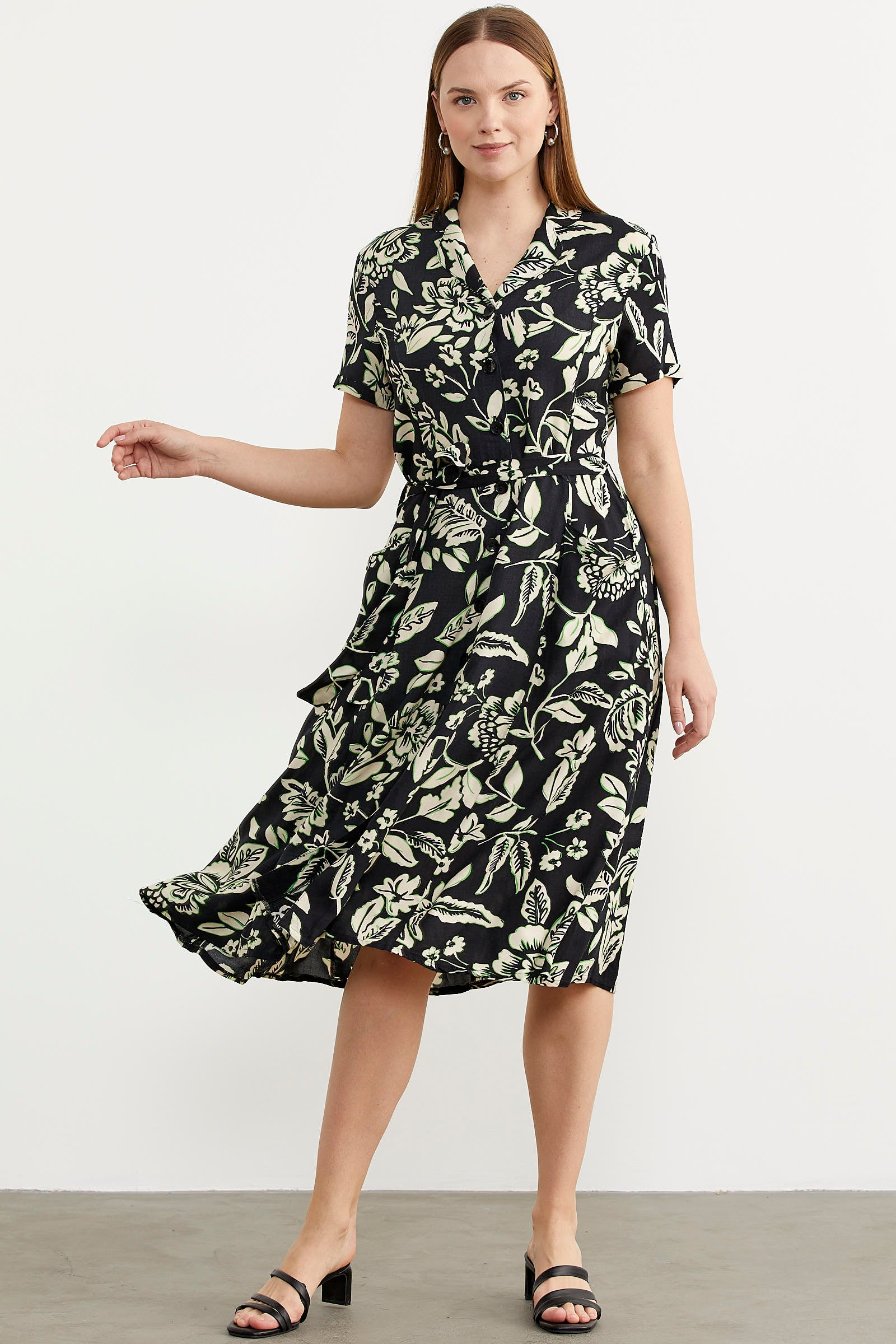 Midi Boy Çiçekli Gömlek Elbise - Siyah (3) Sementa