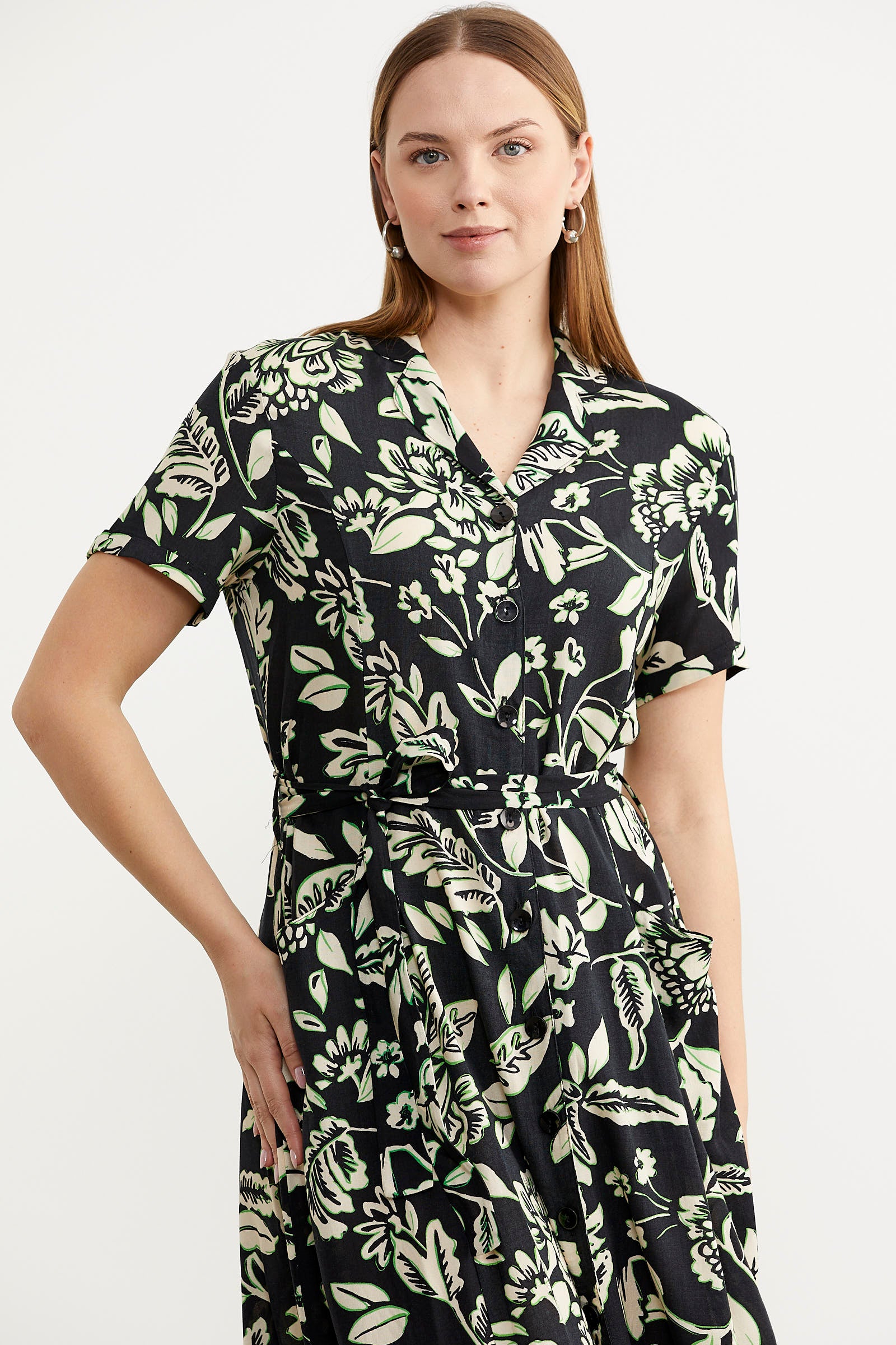 Midi Boy Çiçekli Gömlek Elbise - Siyah (2) Sementa