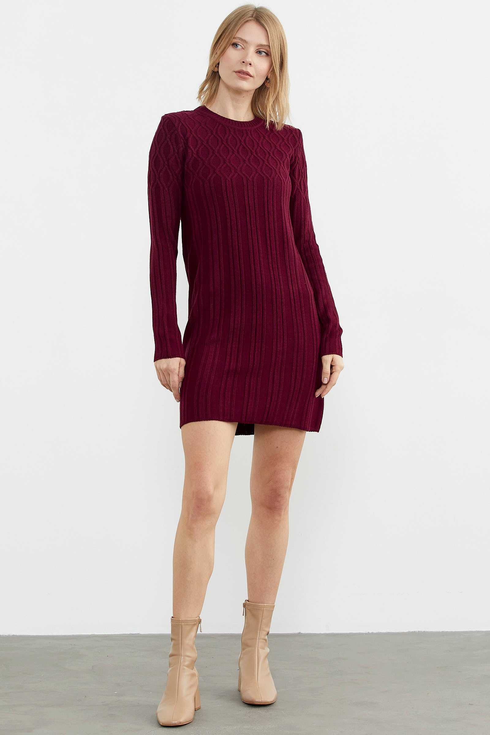 Motif Detaylı Mini Triko Elbise - Bordo (1) Sementa