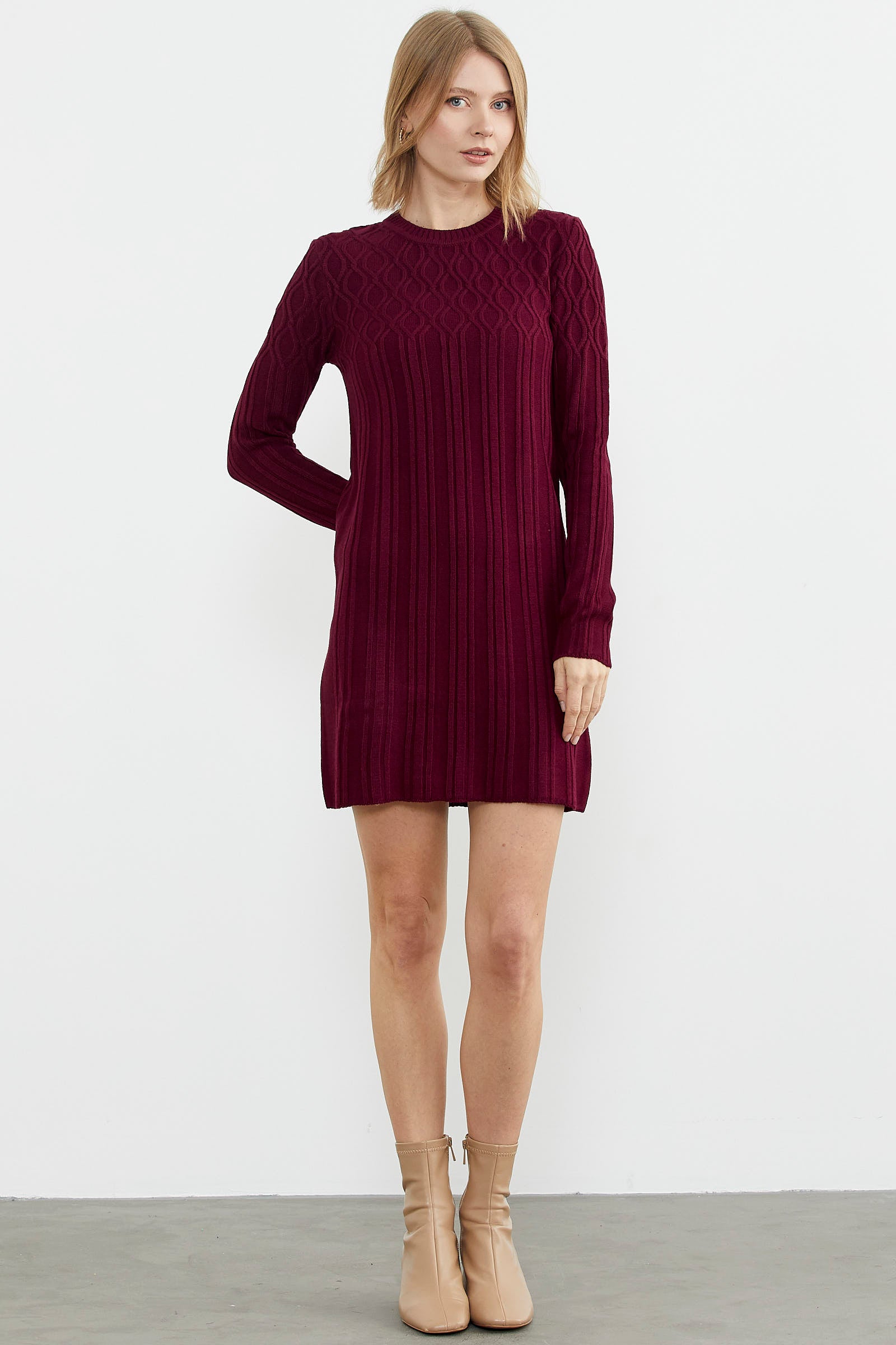 Motif Detaylı Mini Triko Elbise - Bordo (2) Sementa