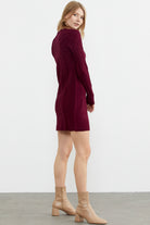 Motif Detaylı Mini Triko Elbise - Bordo (4) Sementa