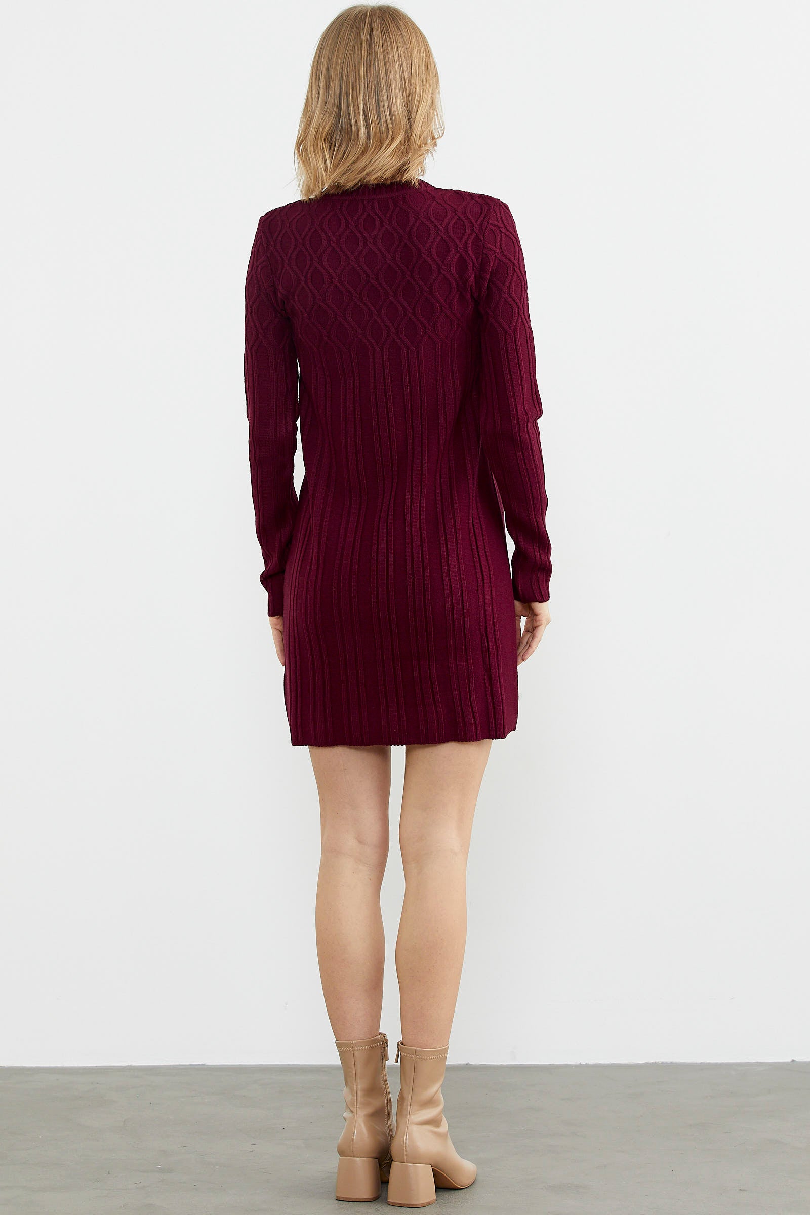 Motif Detaylı Mini Triko Elbise - Bordo (6) Sementa