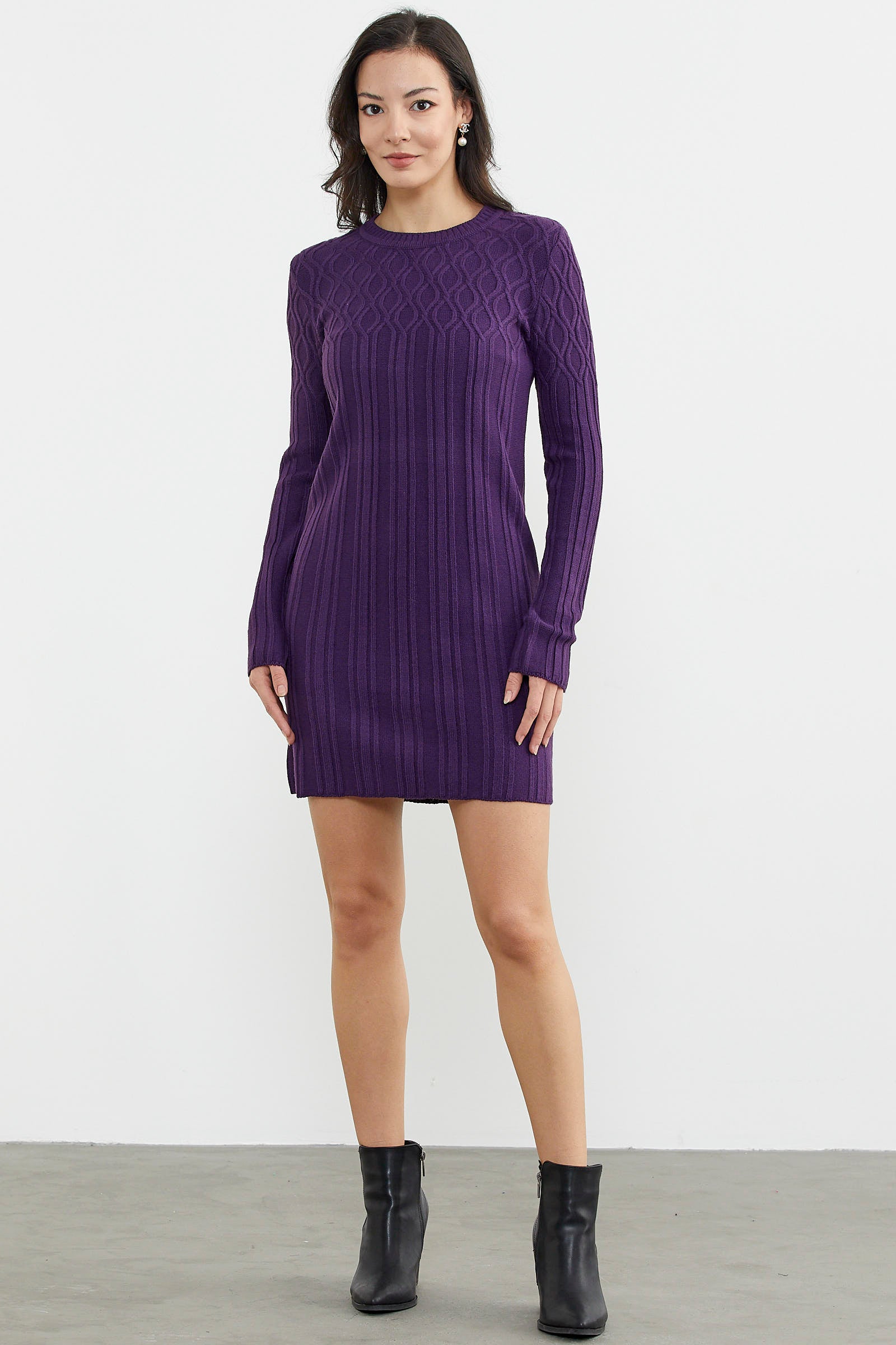 Motif Detaylı Mini Triko Elbise - Mor (1) Sementa