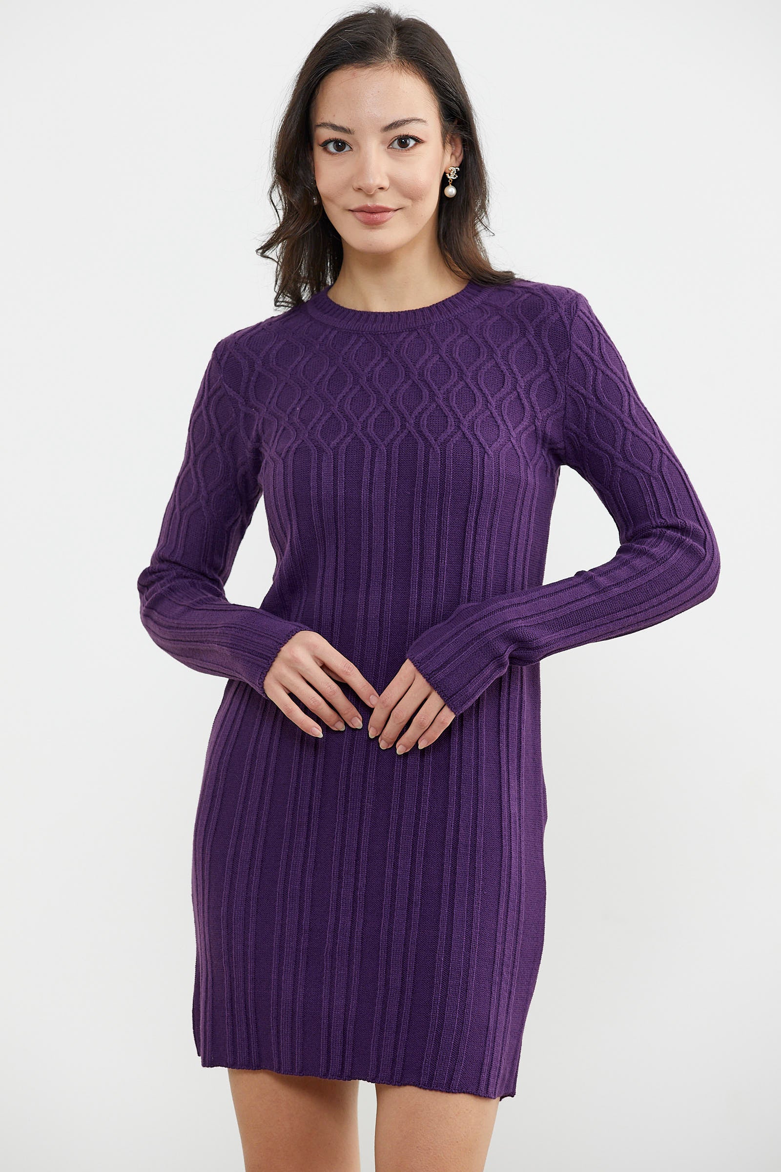 Motif Detaylı Mini Triko Elbise - Mor (2) Sementa