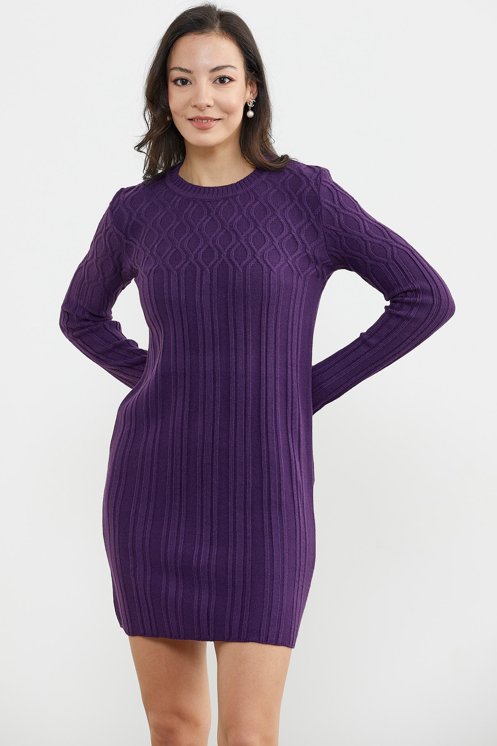 Motif Detaylı Mini Triko Elbise - Mor (4) Sementa