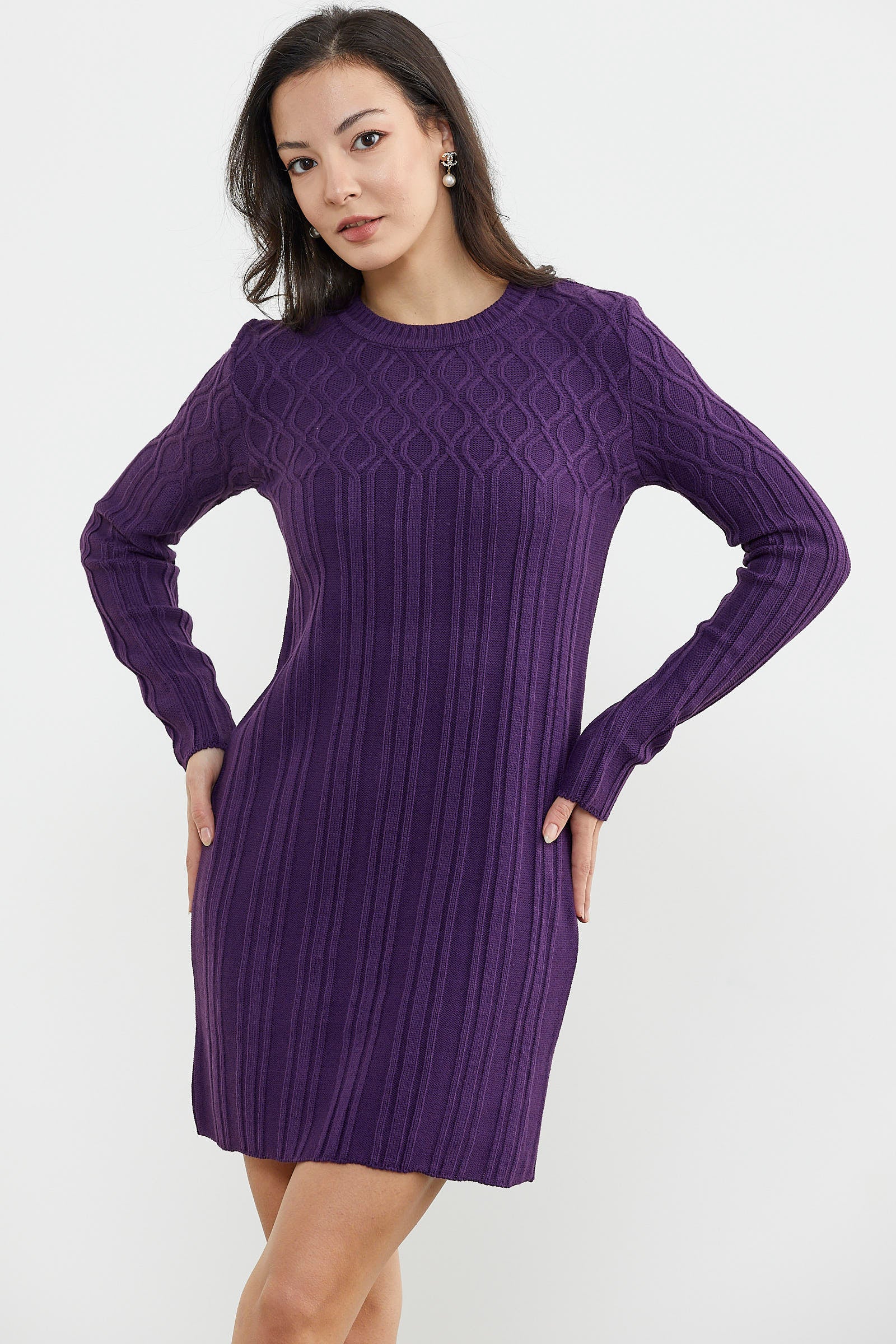 Motif Detaylı Mini Triko Elbise - Mor (5) Sementa