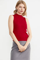 Motifli Dik Yaka Triko Süveter - Kırmızı (3) Sementa