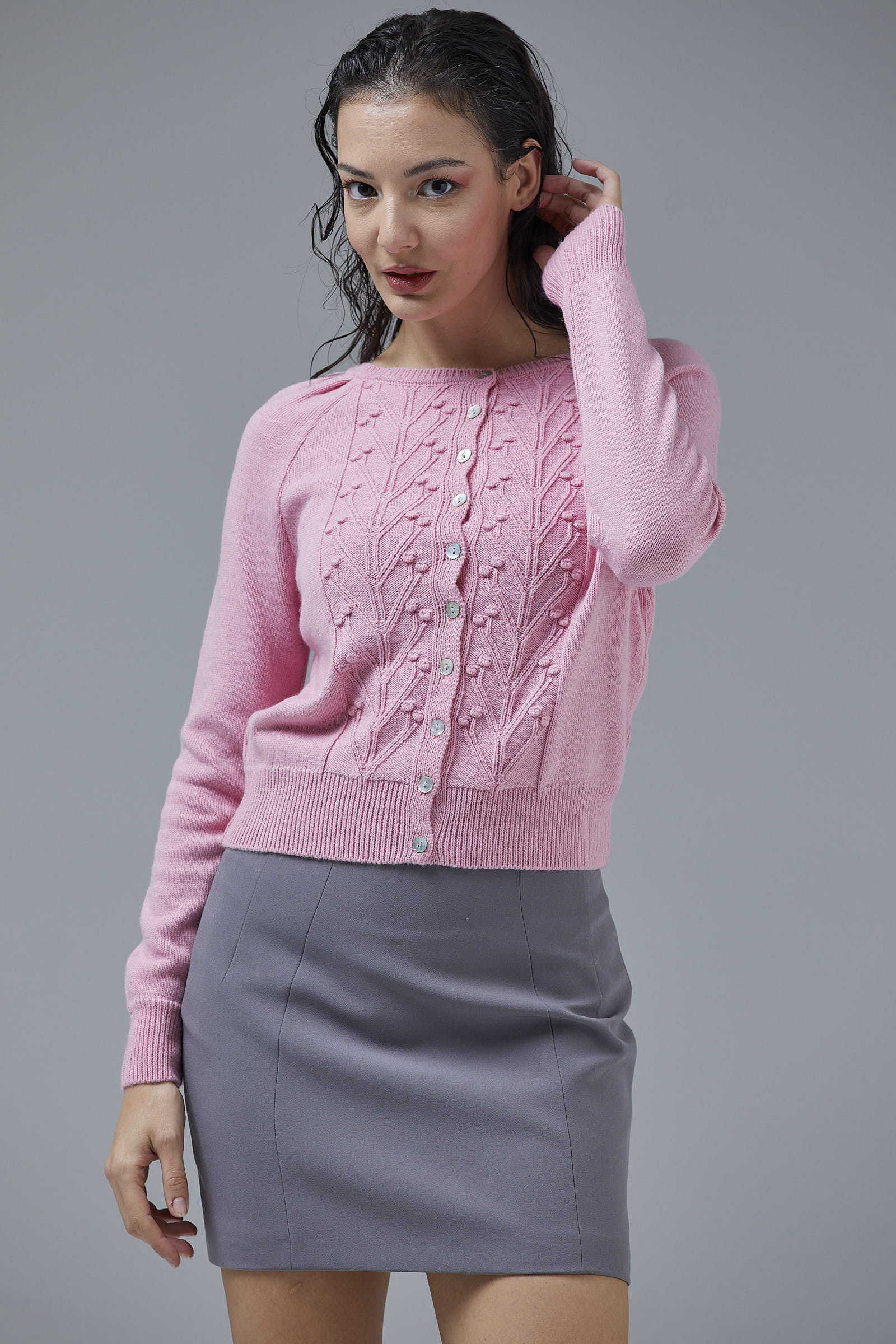 Motifli Düğmeli Kısa Triko Hırka - Pembe (3) Sementa