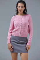Motifli Düğmeli Kısa Triko Hırka - Pembe (1) Sementa