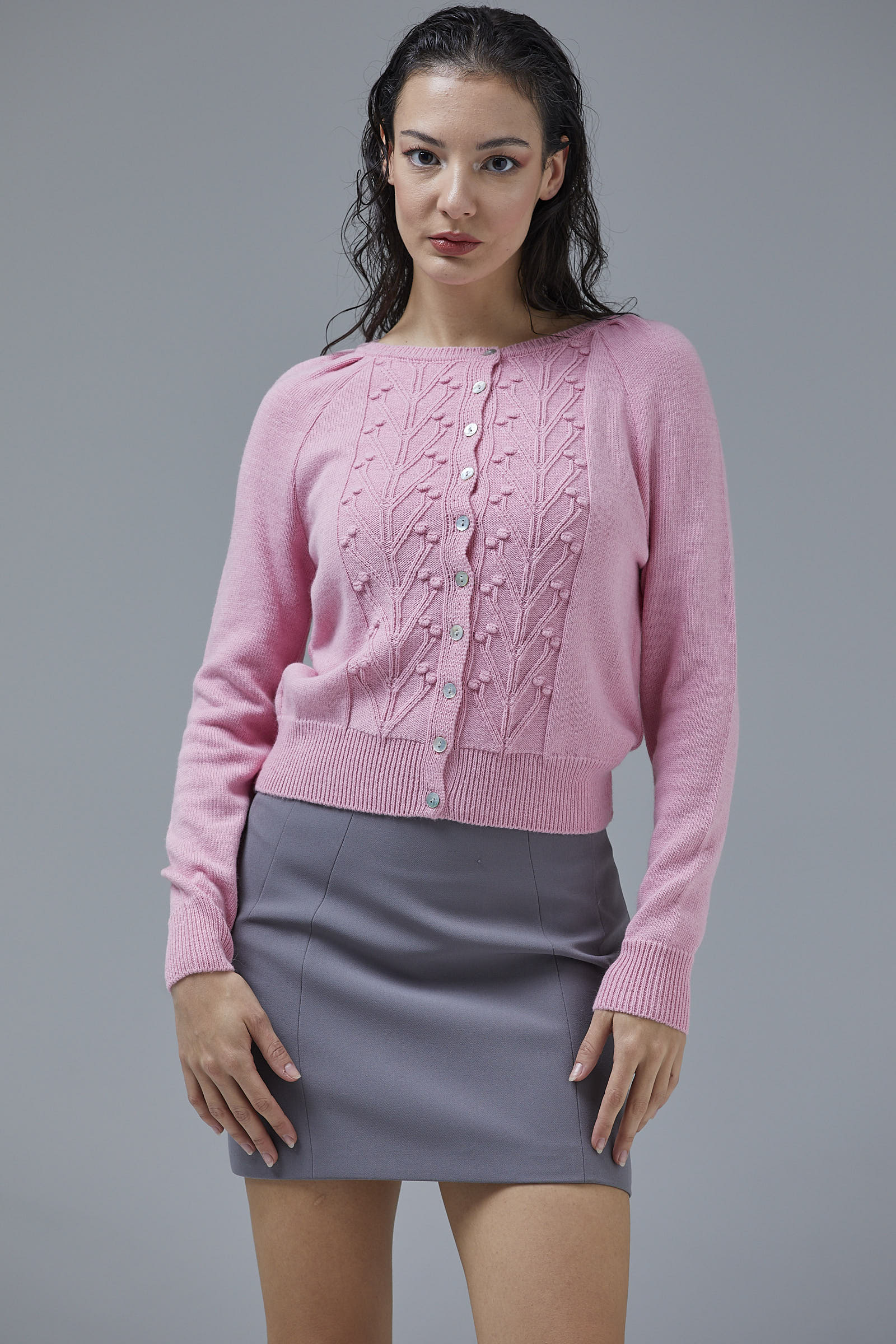 Motifli Düğmeli Kısa Triko Hırka - Pembe (1) Sementa