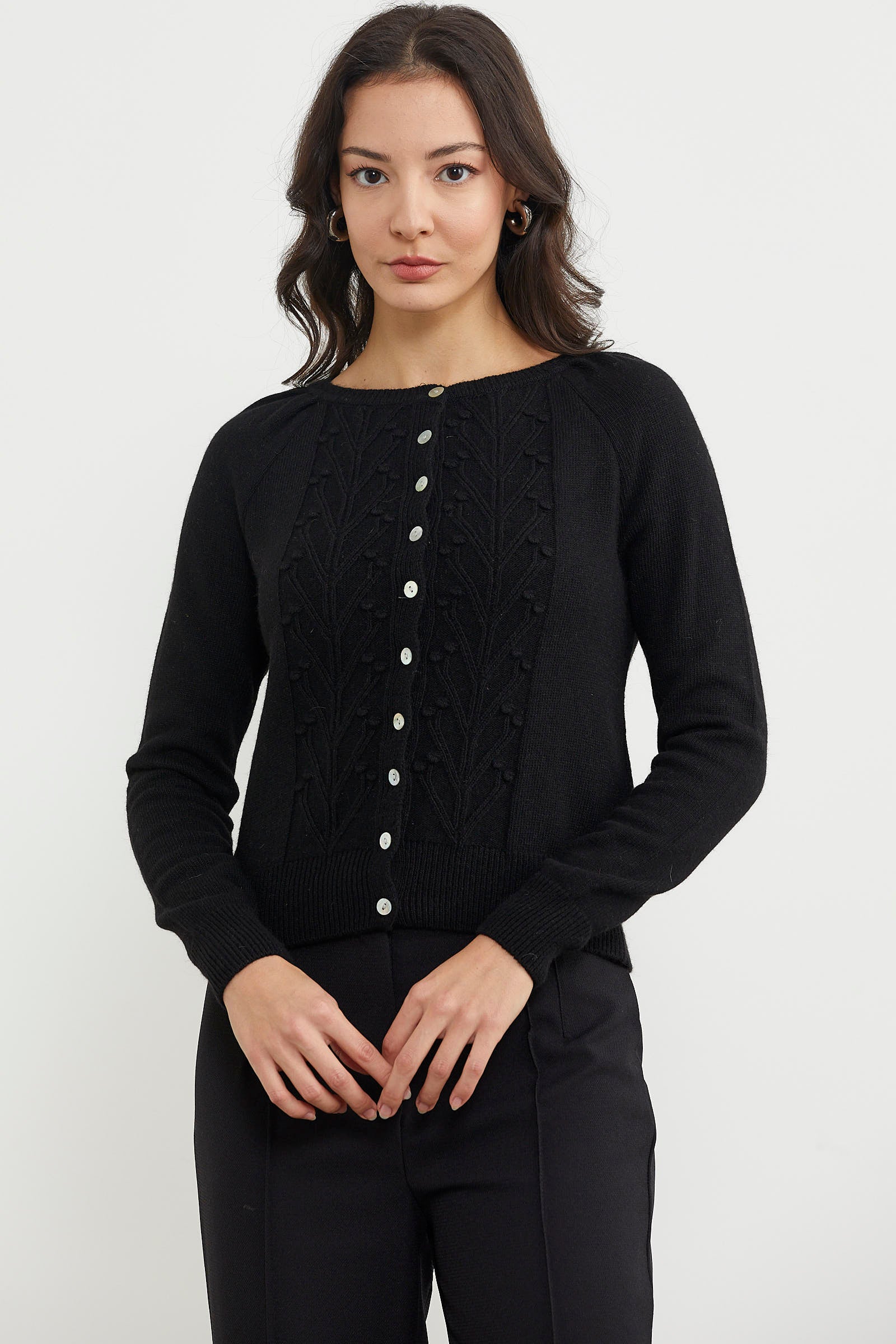 Motifli Düğmeli Kısa Triko Hırka - Siyah (1) Sementa