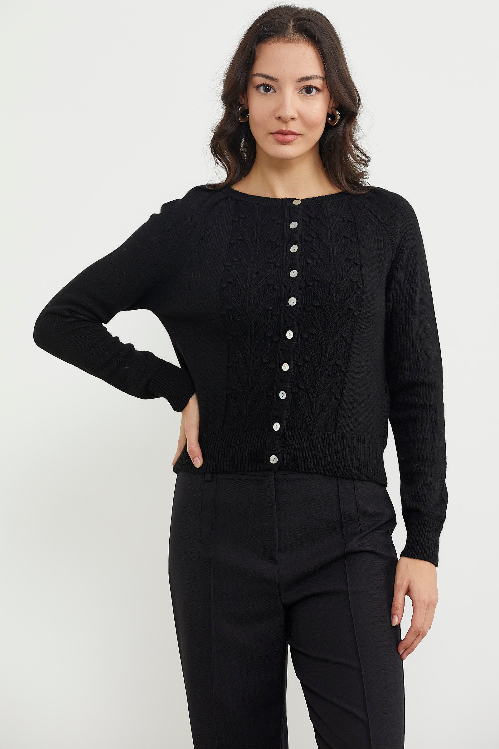 Motifli Düğmeli Kısa Triko Hırka - Siyah (2) Sementa