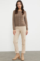 Motifli Düğmeli Kısa Triko Hırka - Vizon (1) Sementa