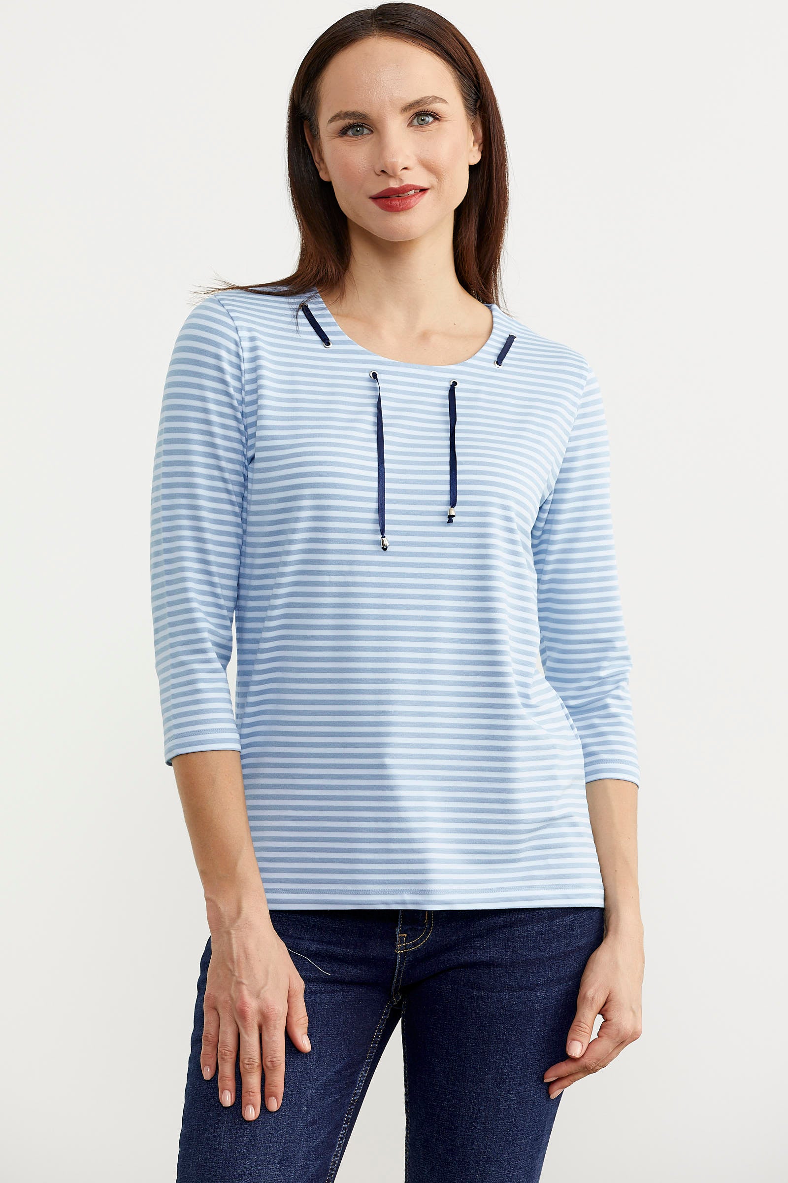Neon İp Detaylı Çizgili Tişört - Mavi (1) Sementa