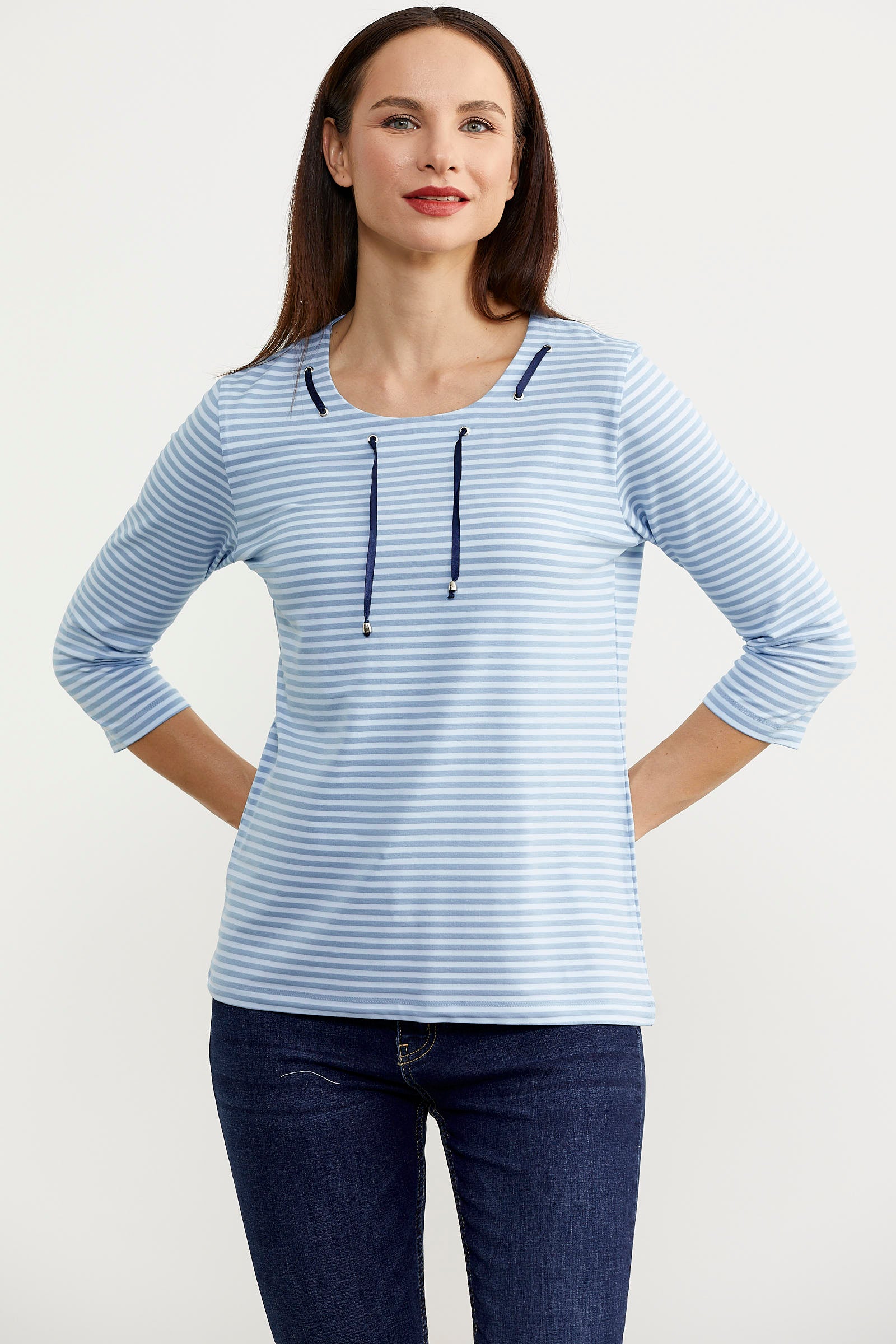 Neon İp Detaylı Çizgili Tişört - Mavi (2) Sementa