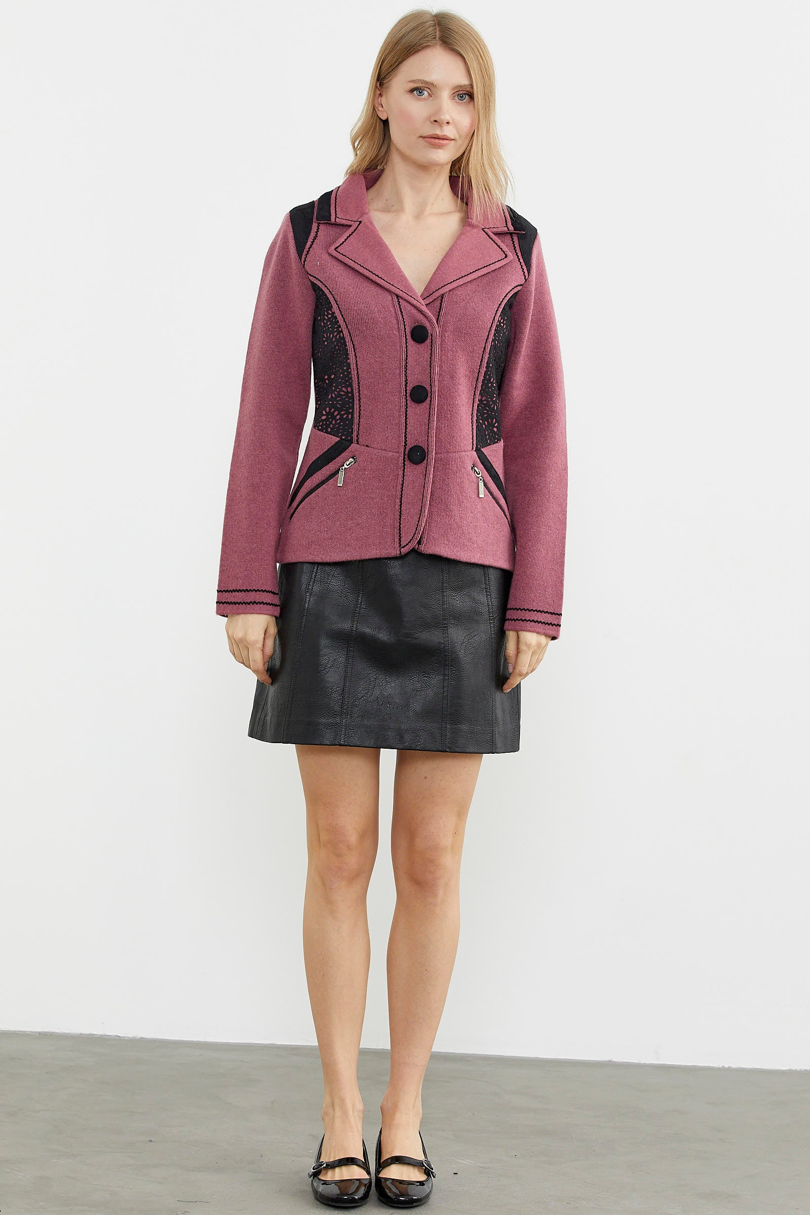 Nubuk Detaylı Triko Ceket - Gül - Siyah (3) Sementa