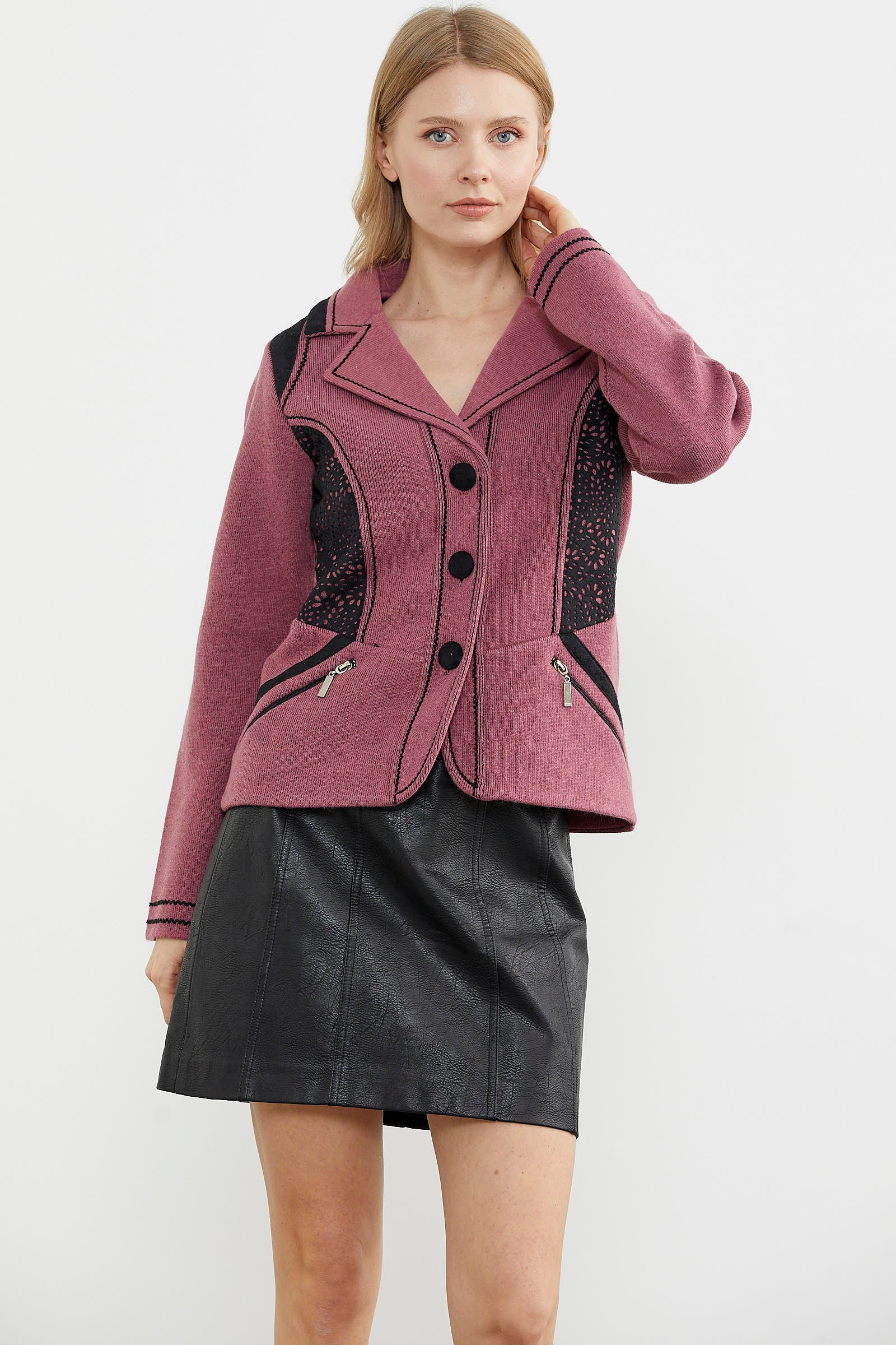 Nubuk Detaylı Triko Ceket - Gül - Siyah (1) Sementa