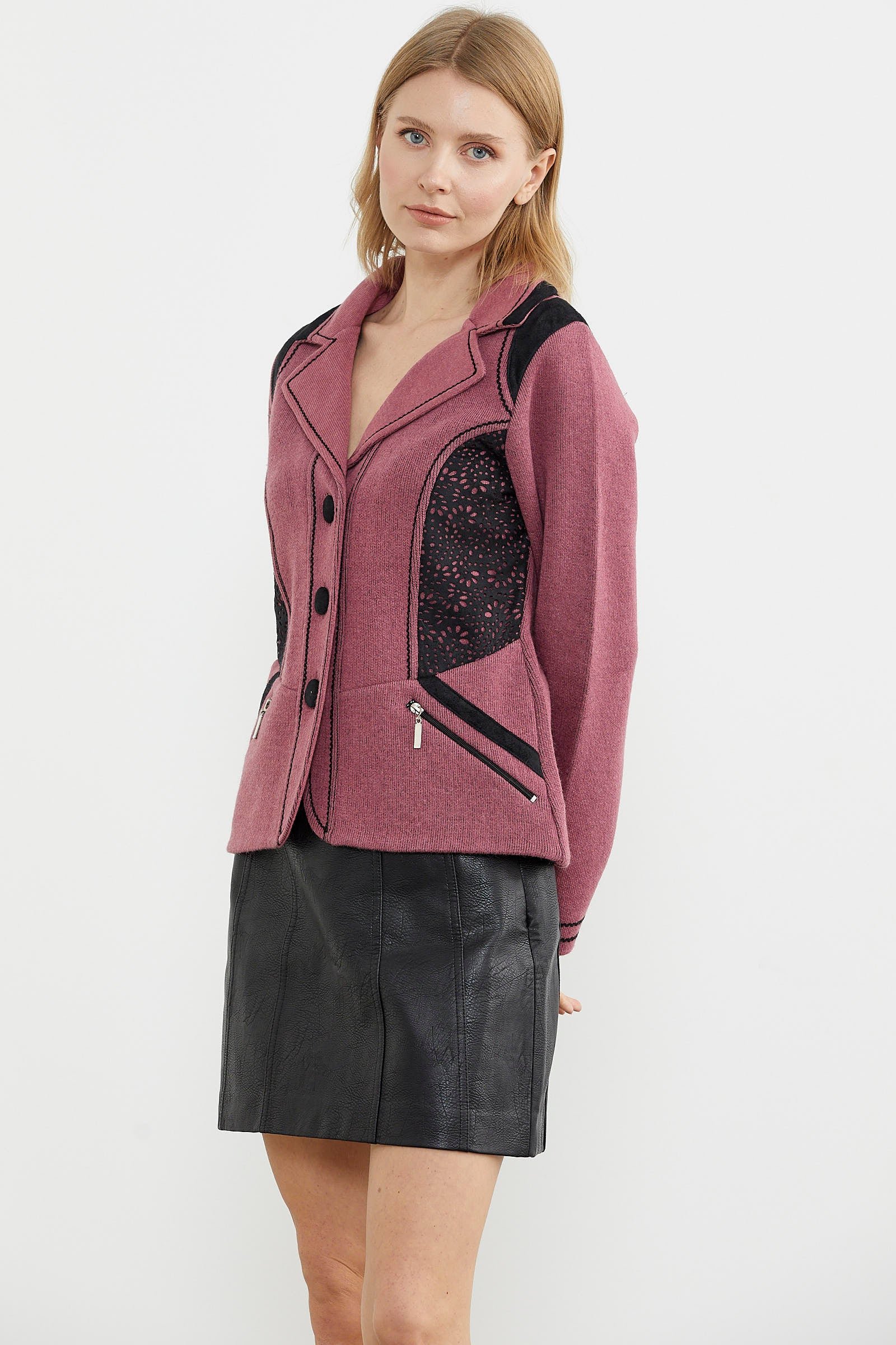 Nubuk Detaylı Triko Ceket - Gül - Siyah (5) Sementa
